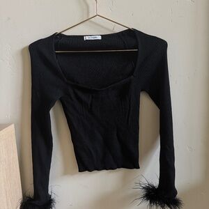 Black Fur Sleeve Top
